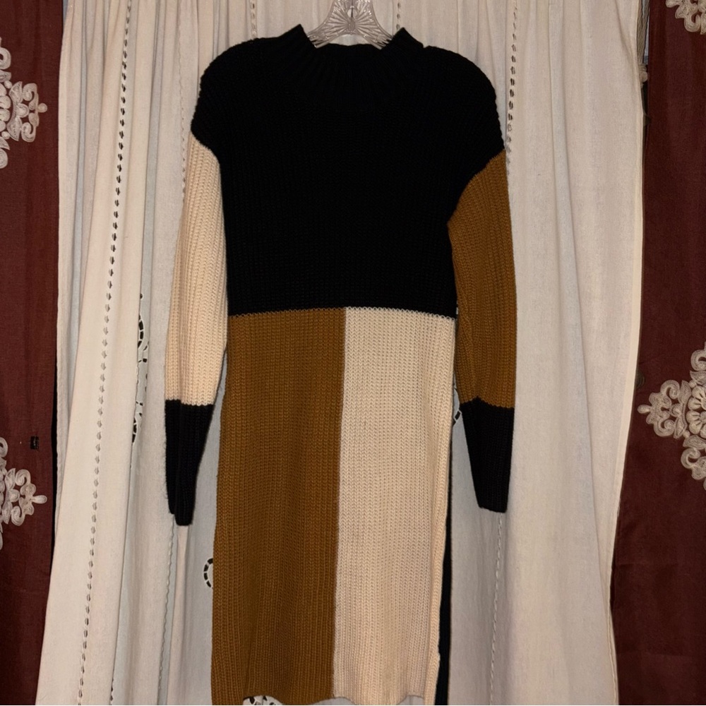 Venus Colorblock Sweater Dress in Black, Cream & Brown Size Medium - Picture 6 of 11